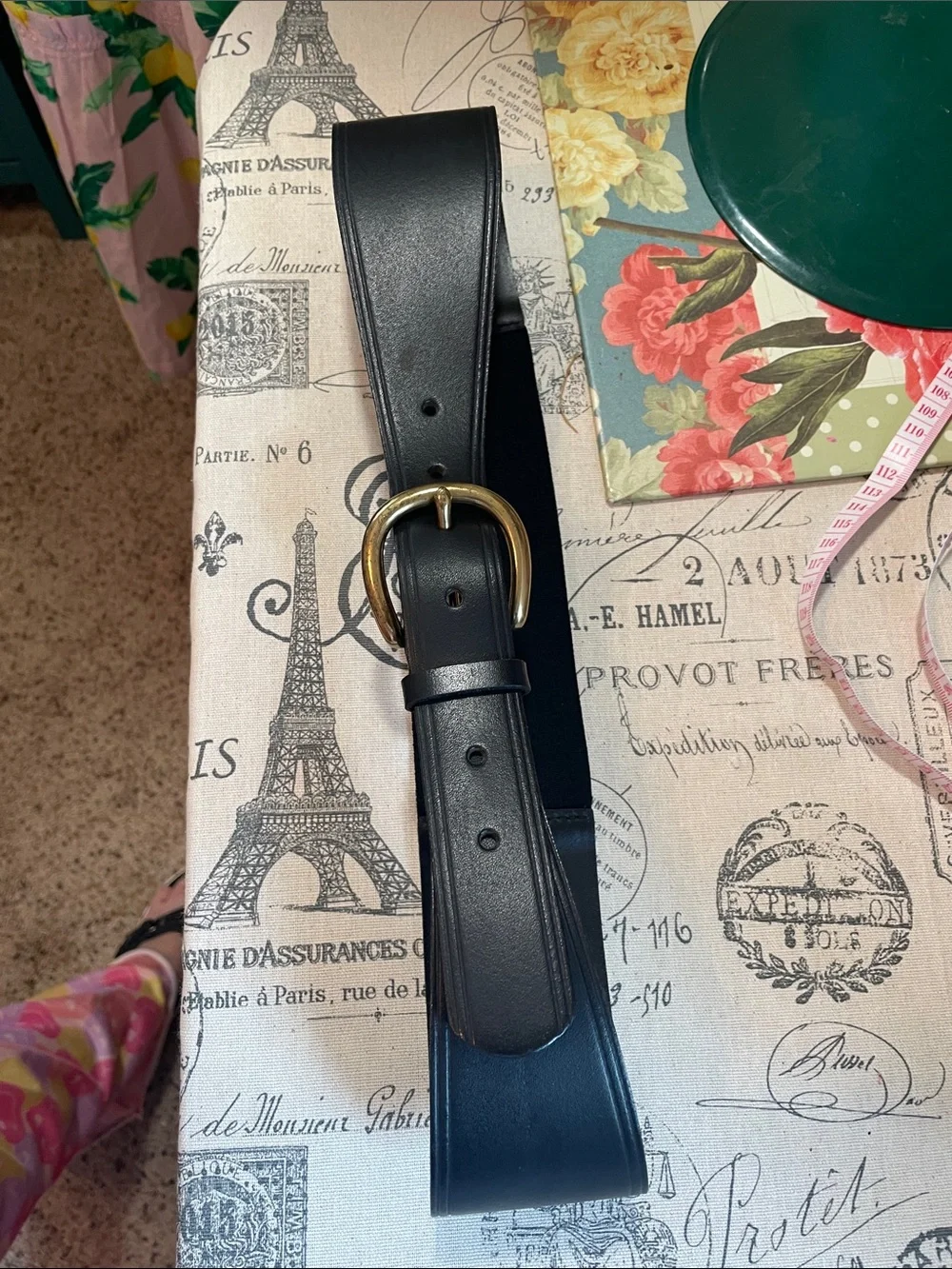 Black Genuine Leather Belt with Brass Buckle and Adjustable Elastic